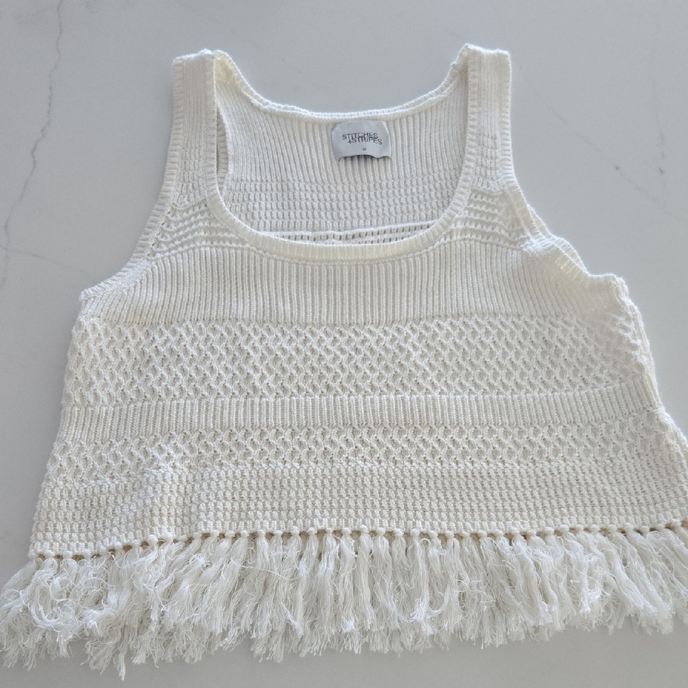 Stitches + Stripes Cream Knit Top with Fringe